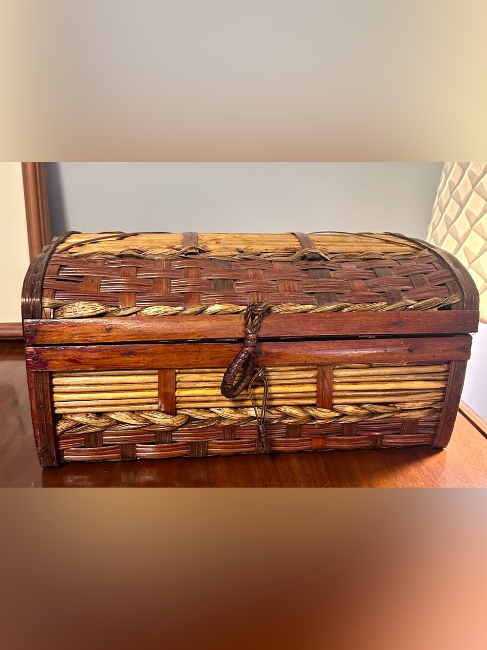 Vintage Woven Bamboo Rattan Domed Storage Chest Box
